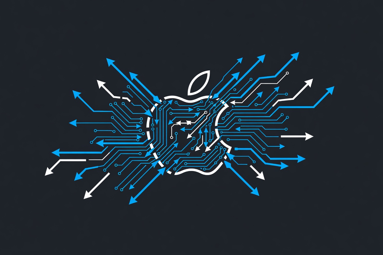 A minimalist Apple logo dissolving into circuit traces and autonomous task arrows on a dark background
