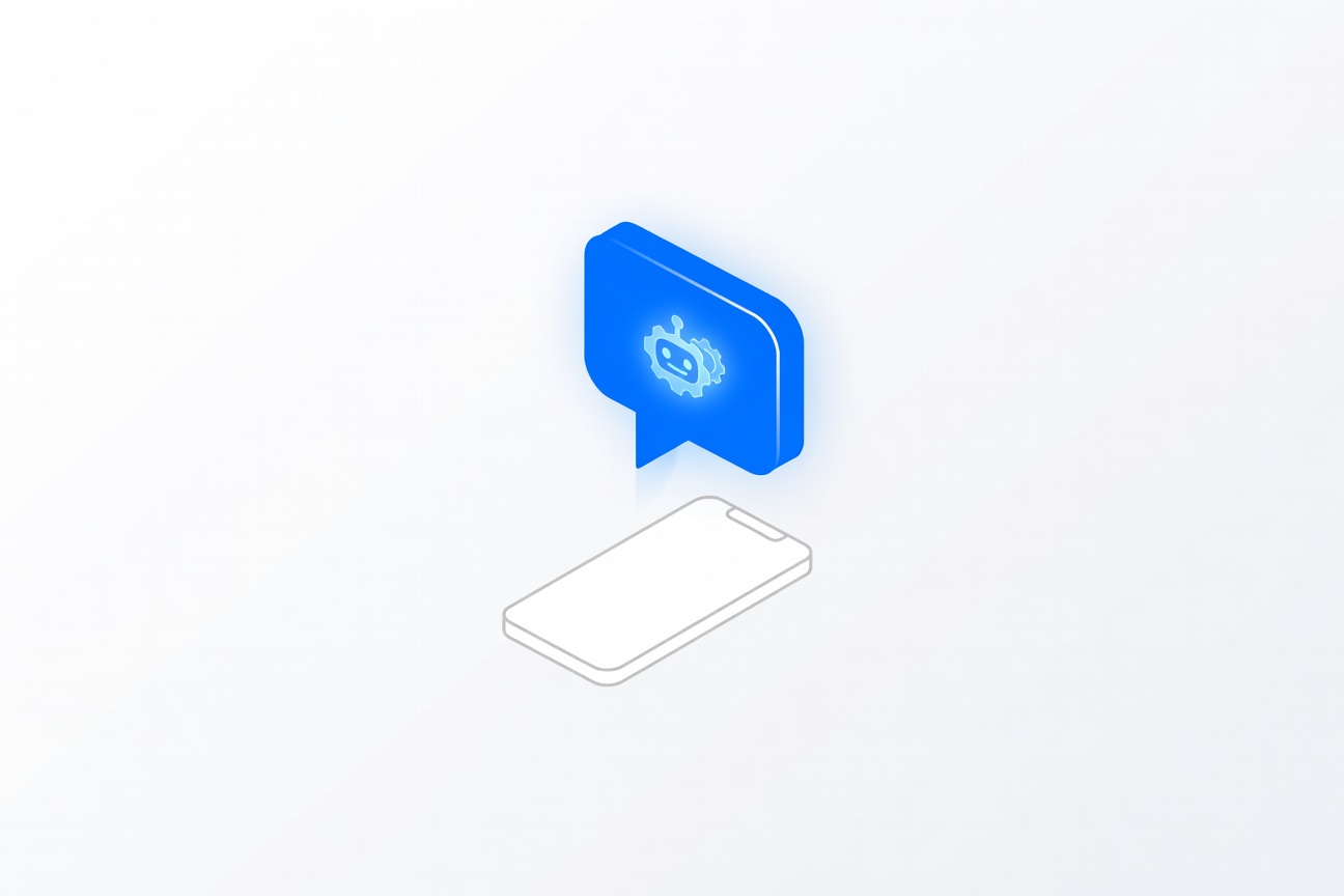 A sleek blue speech bubble containing a small glowing robot icon floating above a minimalist phone silhouette on a white background