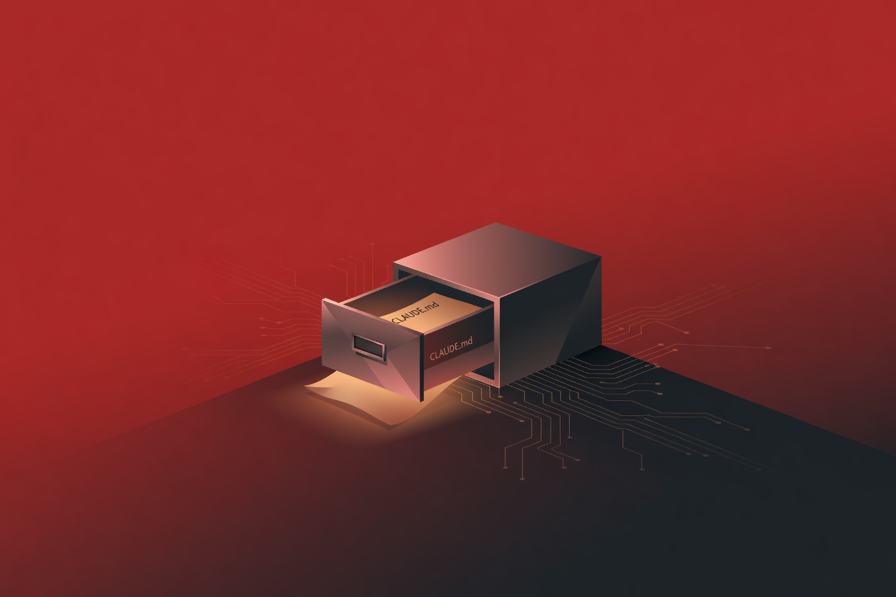 A half-open filing cabinet with a glowing document labeled CLAUDE.md spilling out, surrounded by abstract circuit traces on a dark background