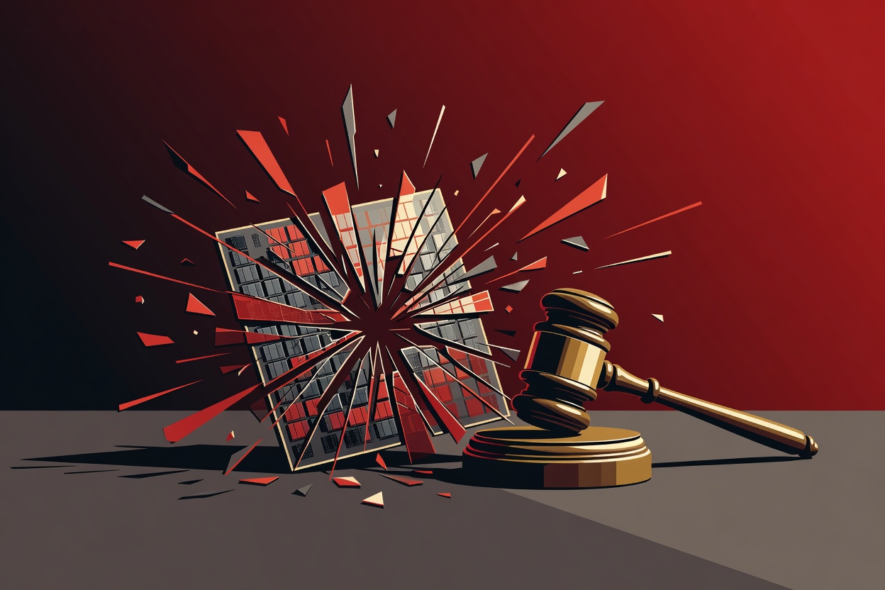 A shattered silicon wafer beside a gavel on a courtroom bench, symbolizing tech litigation over hardware secrets