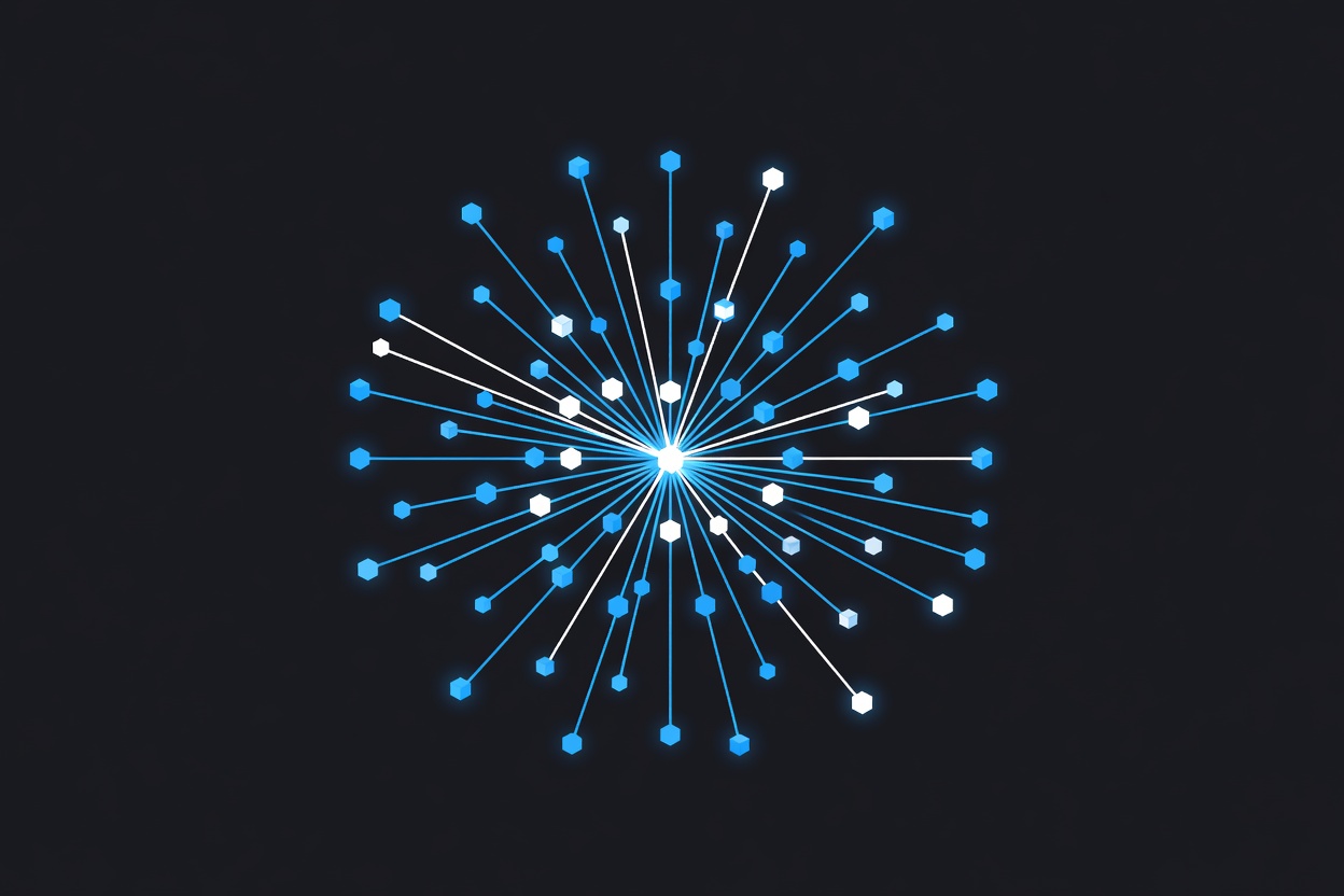 Abstract glowing neural network nodes connecting in a radial pattern on a dark background, representing interconnected app endpoints