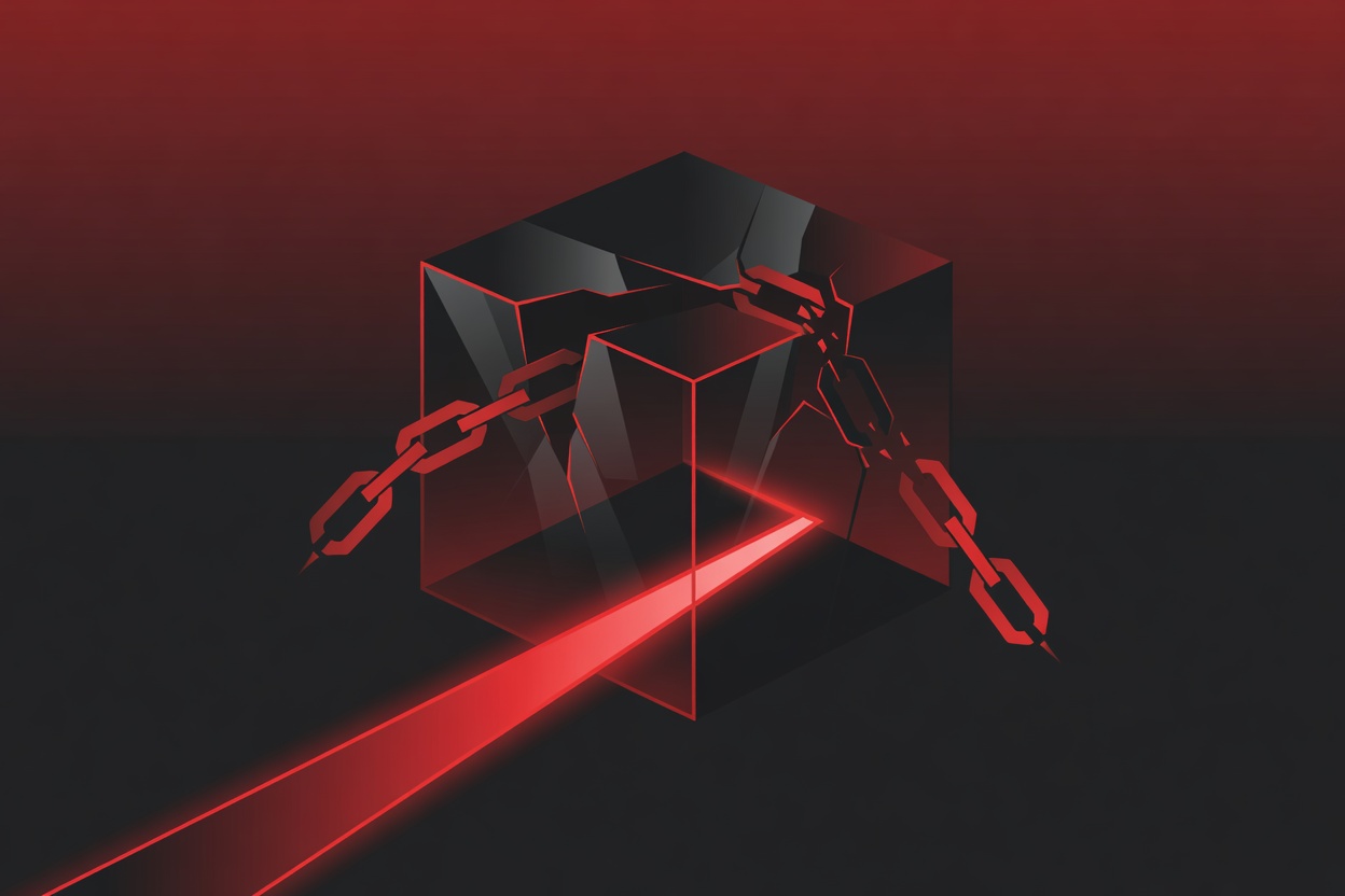 An abstract broken VM container with digital chains unraveling, representing a sandbox escape from a virtualized AI environment