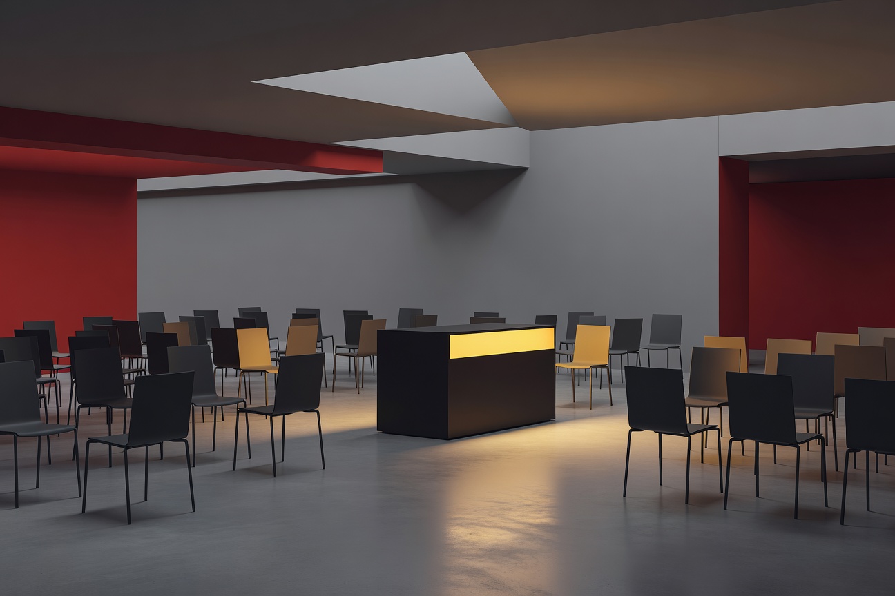 An empty office floor with scattered chairs and a glowing AI terminal in the center, muted grays and amber light