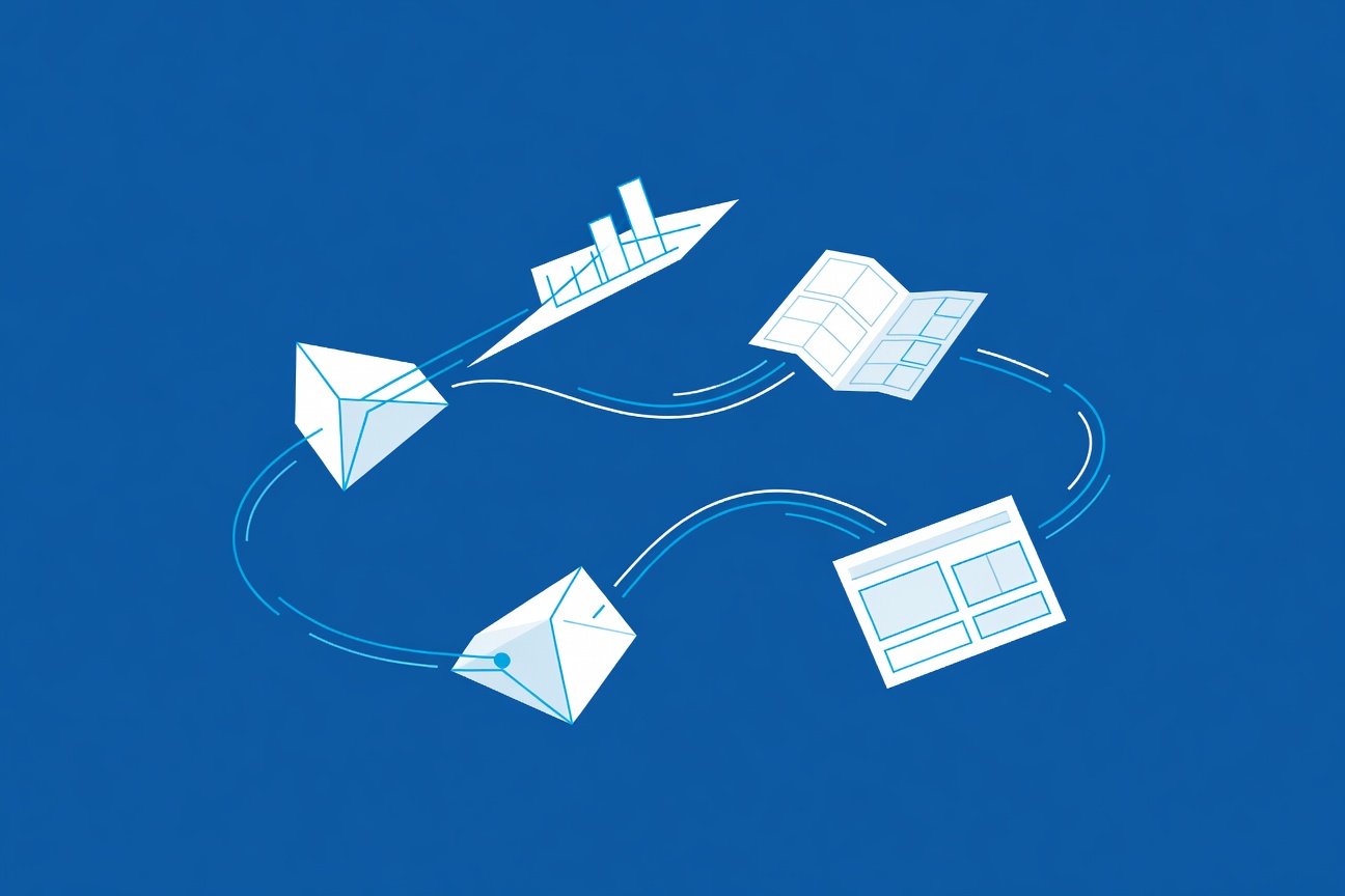 Interconnected abstract document nodes transforming into charts and app shapes, geometric network on deep blue background