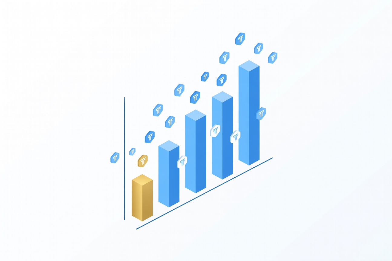Abstract bar chart with one bar visibly shorter and filled with a warm gold glow compared to equal-height bars in cool blue, representing cost efficiency