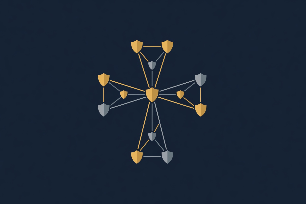 A stylized Southern Cross constellation made of interconnected abstract regulatory nodes and compliance shields on a dark navy background