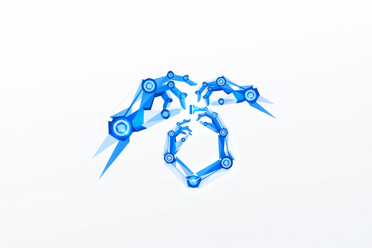 A robot arm adjusting gears and levers on a second, smaller robot arm in an iterative loop — machinery improving machinery