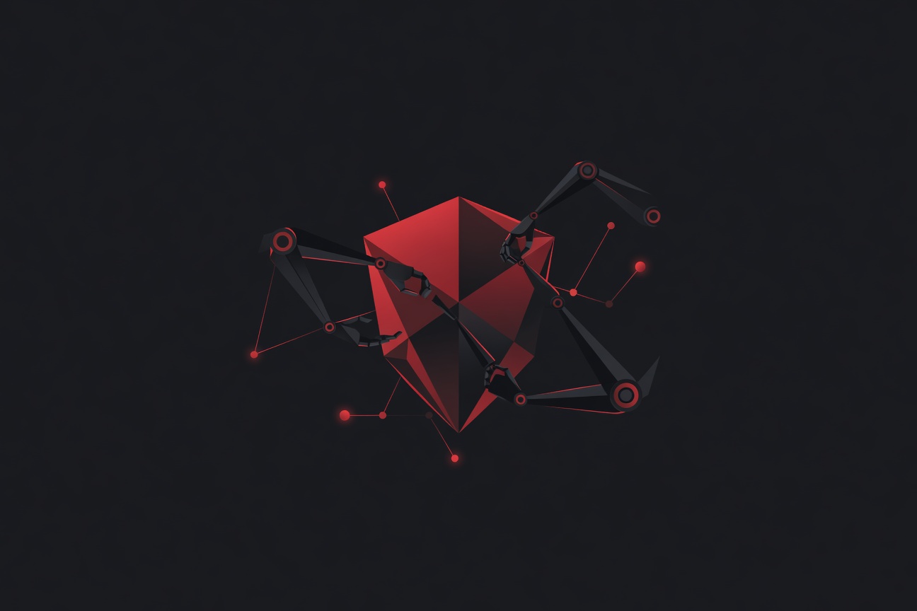 A shield with a crack being repaired by abstract geometric tools, surrounded by floating evaluation metrics and graph nodes
