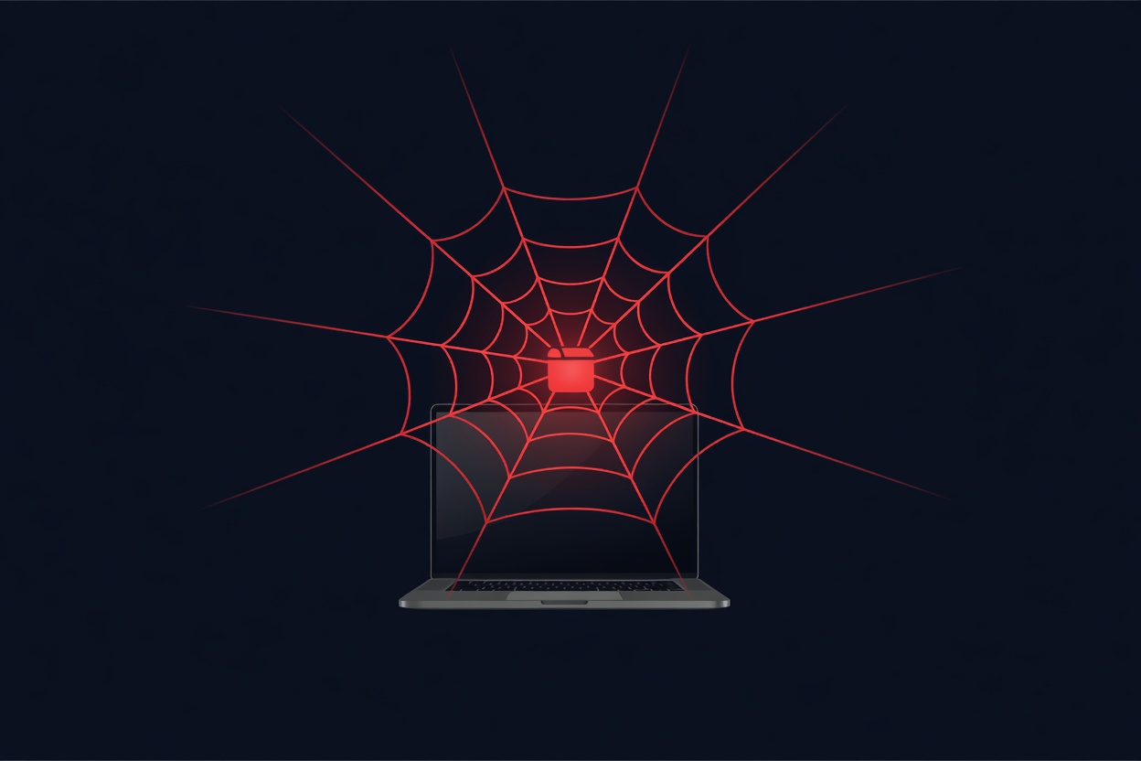 A glowing spider web suspended over an open laptop, each strand connecting to a central node shaped like a browser tab — the web radiating outward in a dark blue void