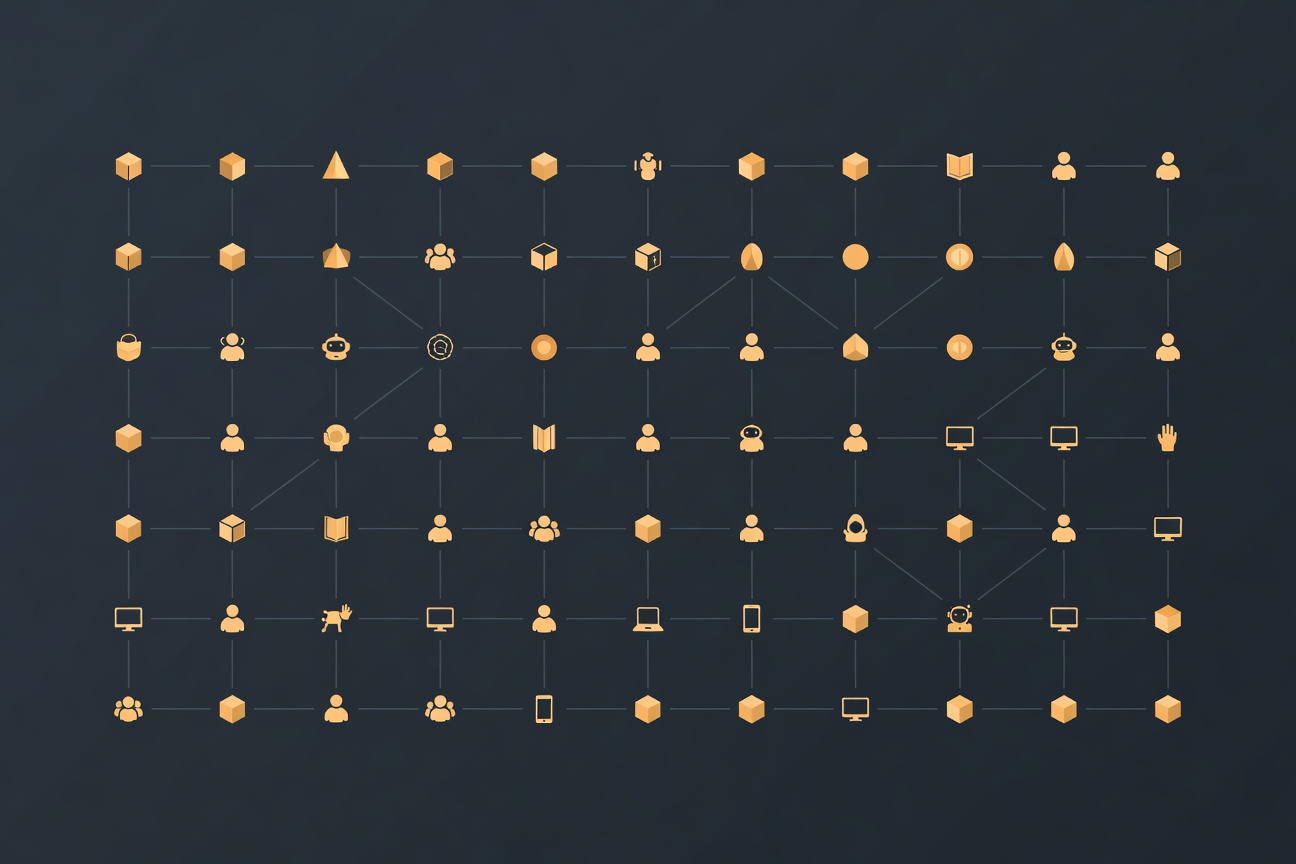An orderly grid of glowing geometric agent icons connected by governance lines, on a dark AWS-blue background