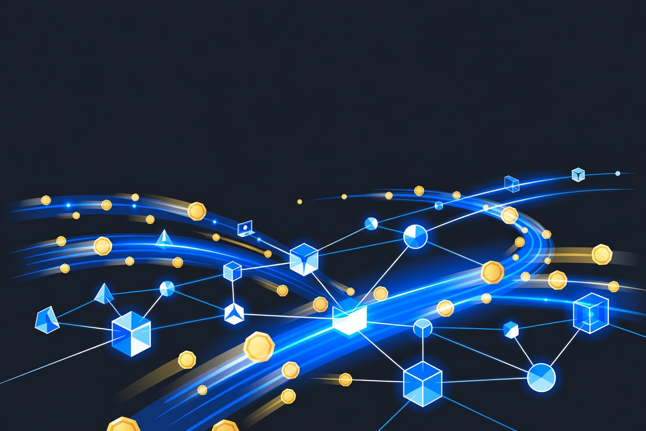 Abstract gold and blue digital coins flowing through a network of interconnected nodes on a dark background