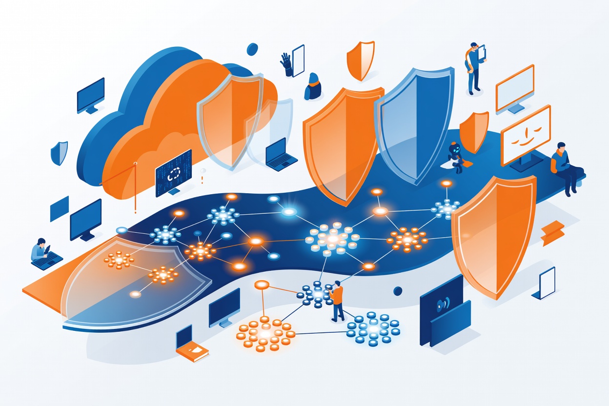 A stylized cloud infrastructure with flowing security layers represented as translucent shields and interconnected knowledge graph nodes glowing in deep blue