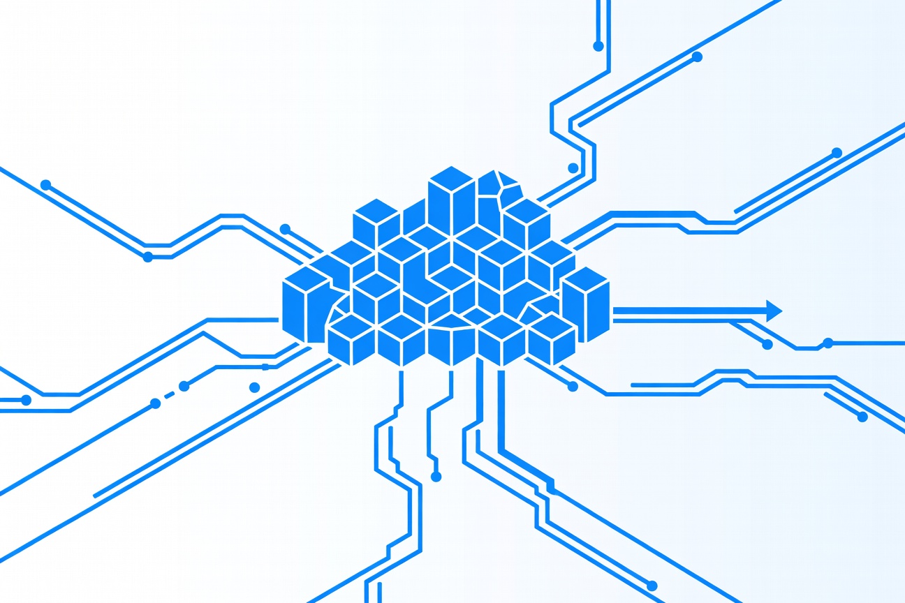 Geometric AWS-style cloud structure with autonomous pathways branching out, cool blue and orange tones