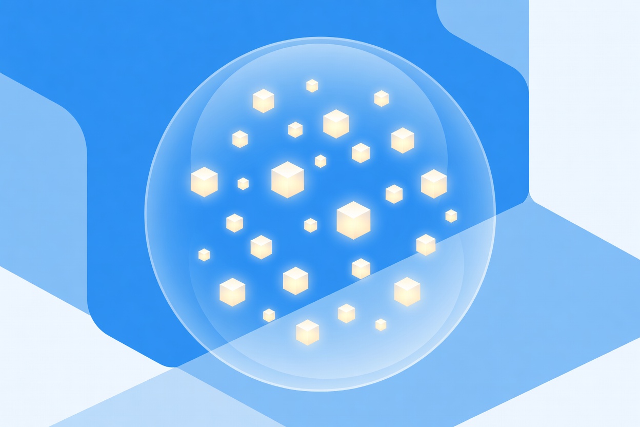 Abstract visualization of small glowing cubes suspended inside a larger transparent container, each cube isolated from the others, representing virtualized sandboxed environments
