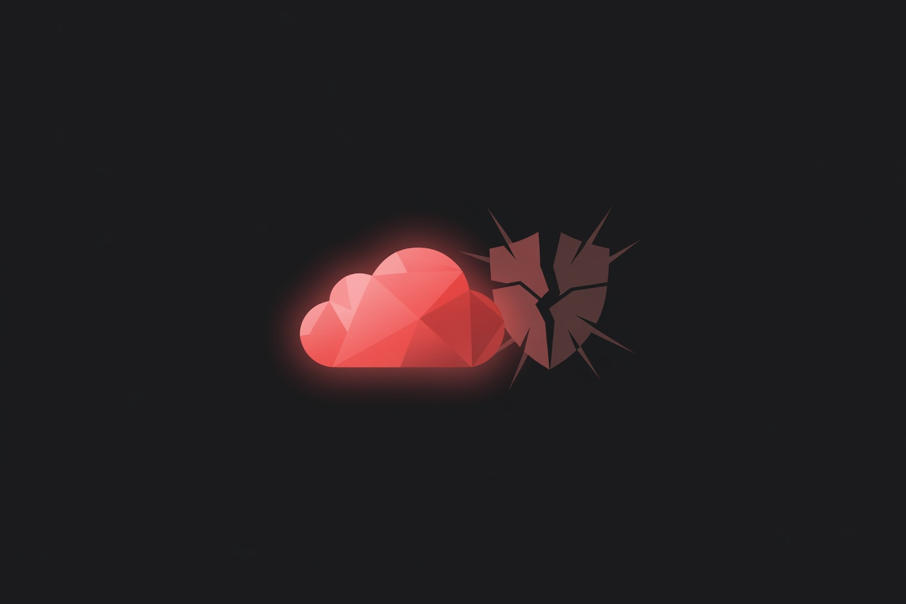 A glowing cloud server icon flanked by a cracked shield symbol, representing cloud deployment alongside a critical security vulnerability