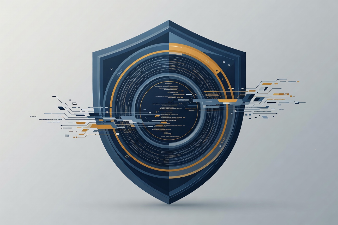 Abstract visualization of a layered security shield with code fragments and policy rules flowing through it