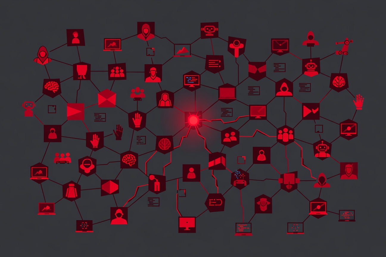A tangled dependency tree glowing red with one poisoned node injecting malicious code into a downstream pipeline