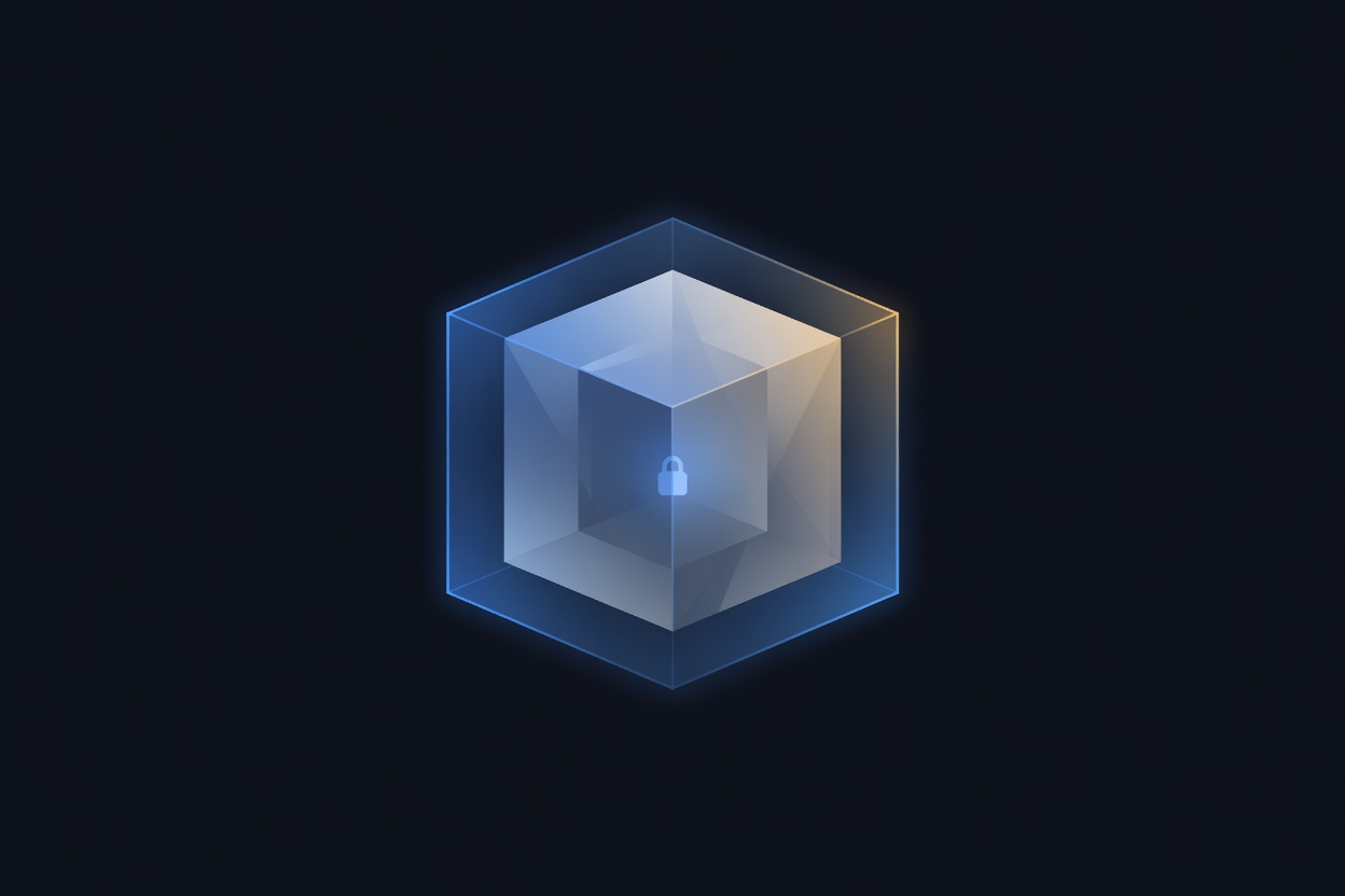 Translucent geometric cube suspended in a void with glowing blue boundary walls representing hardware-level isolation