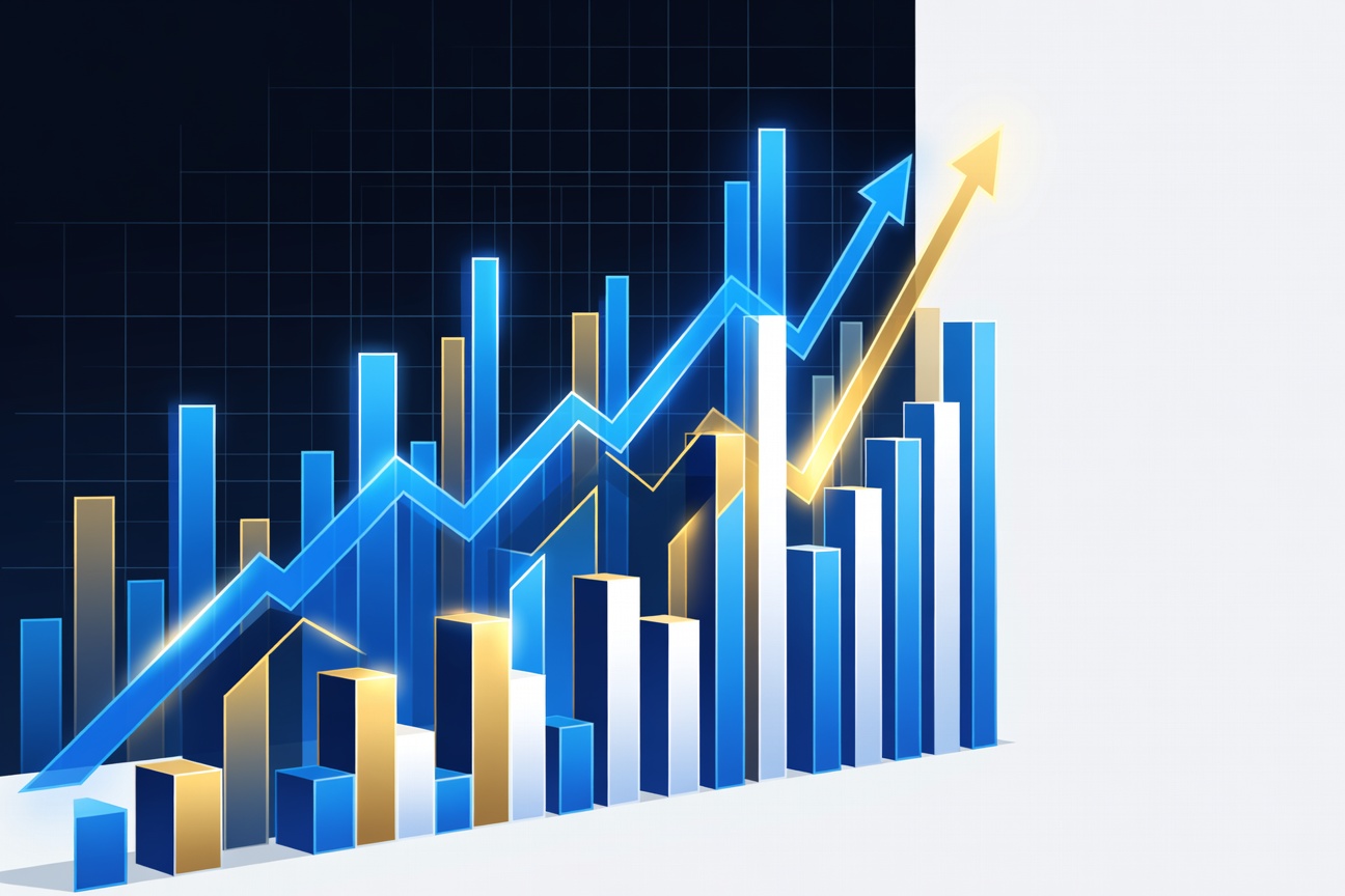Towering bar chart abstraction in glowing blue and gold, ascending bars on a dark grid background, representing market growth