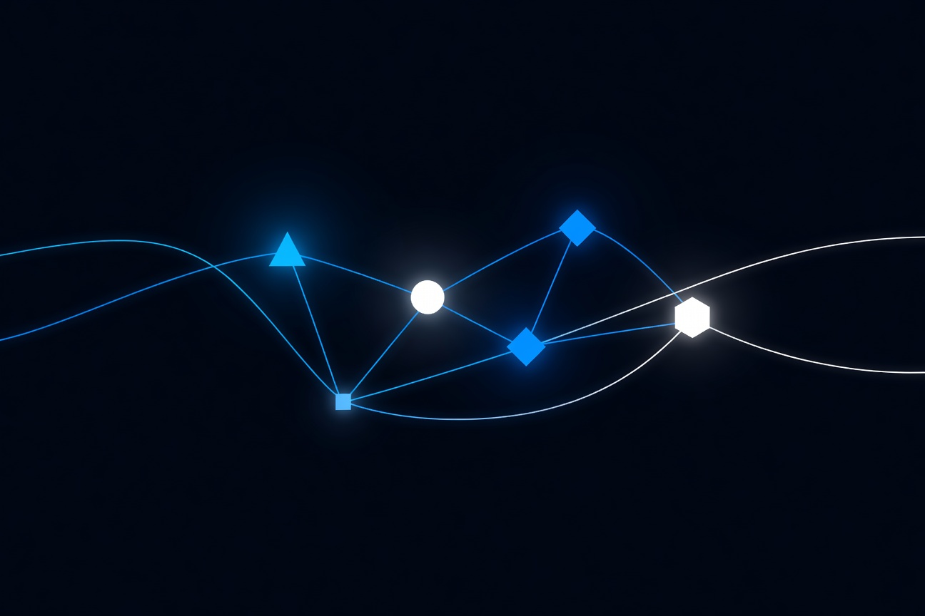 Glowing nodes of different shapes and colors connected by luminous bridges in a dark abstract mesh