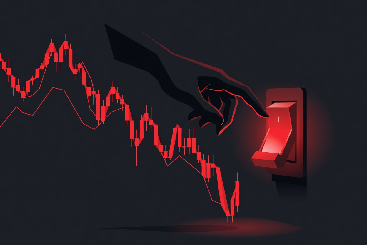 Abstract financial market graph spiraling downward while a giant digital hand reaches toward a glowing red circuit breaker switch