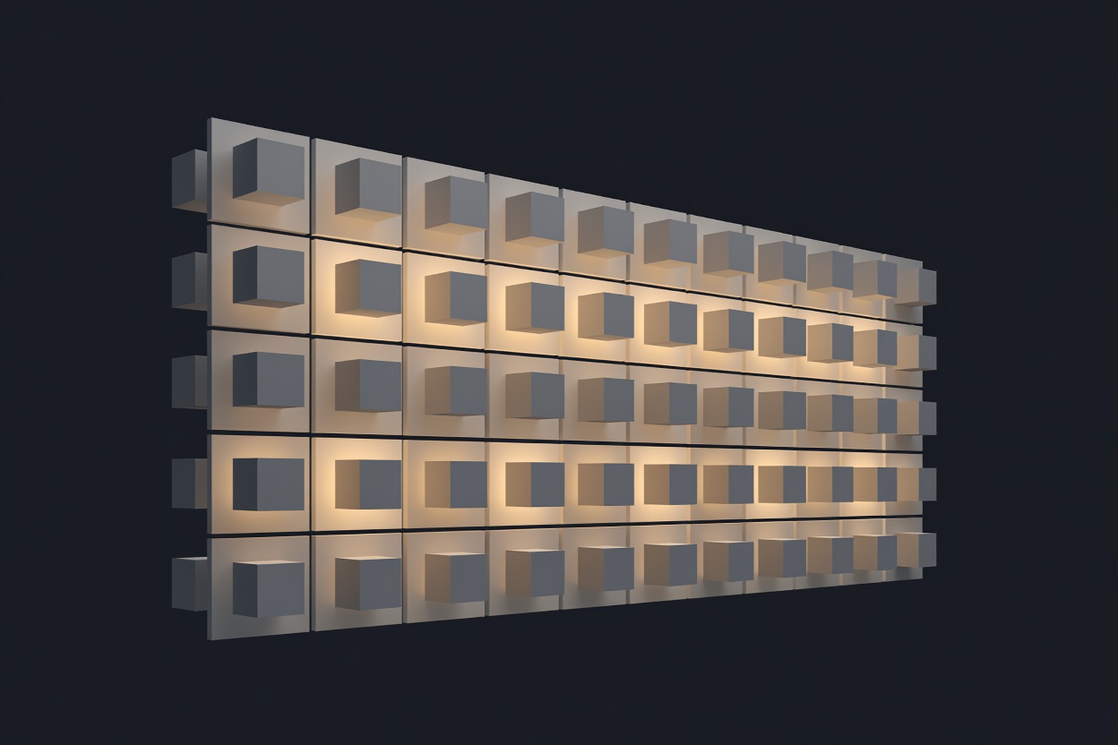 Minimalist fortress wall made of glowing circuit segments, each segment containing a separate isolated environment, on a dark background