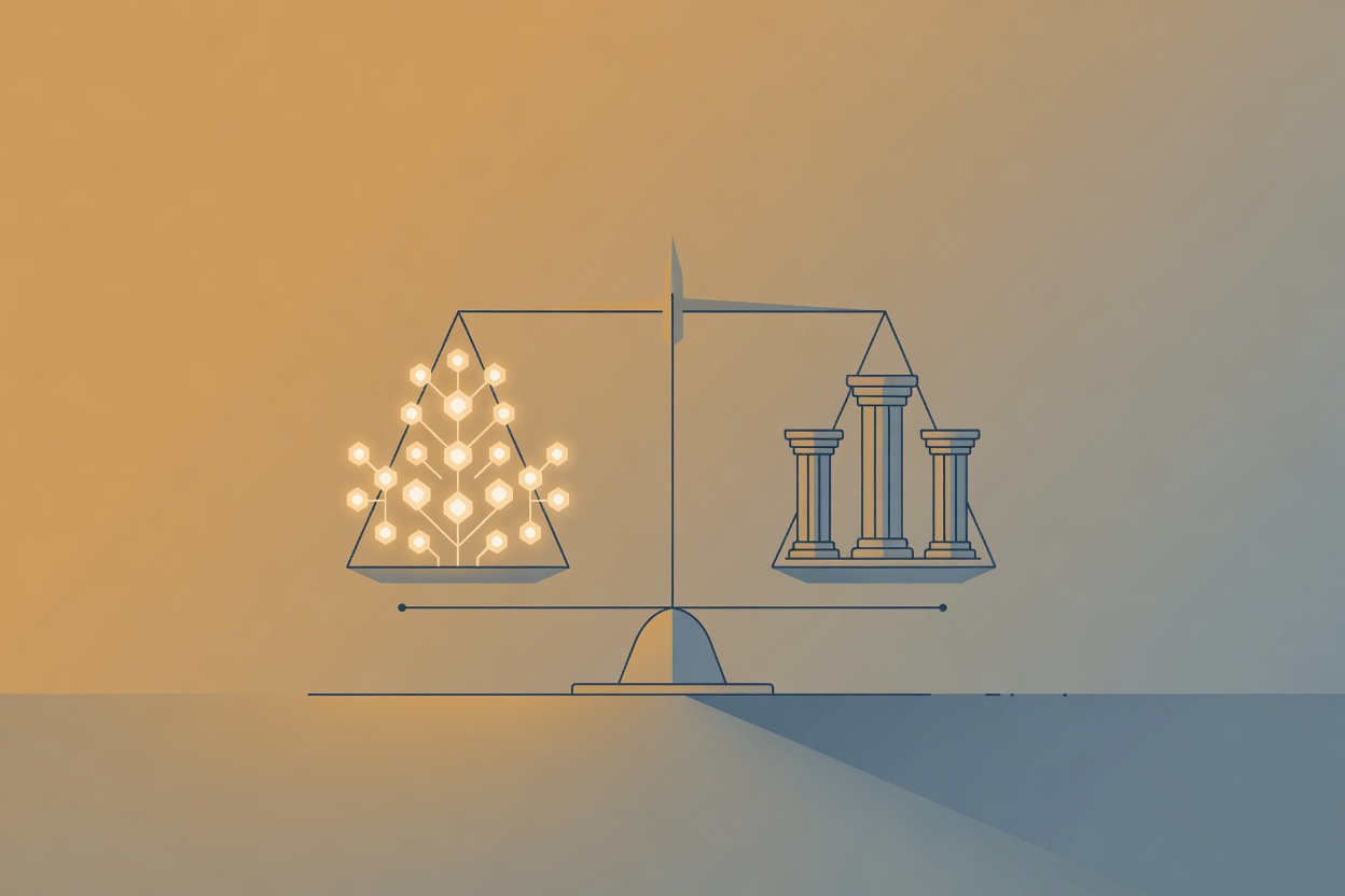 Abstract scales of justice balanced with glowing circuit nodes on one side and classical marble columns on the other, symbolizing the meeting of institutional oversight and AI technology
