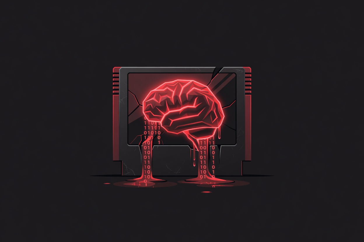 Glowing digital brain trapped inside a vintage video game cartridge with binary code leaking out