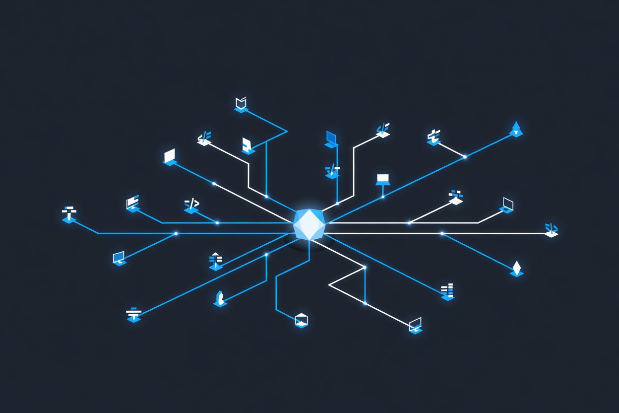 An abstract visualization of interconnected agent nodes in a network diagram radiating outward from a central hub, with branching pathways representing parallel code contributions