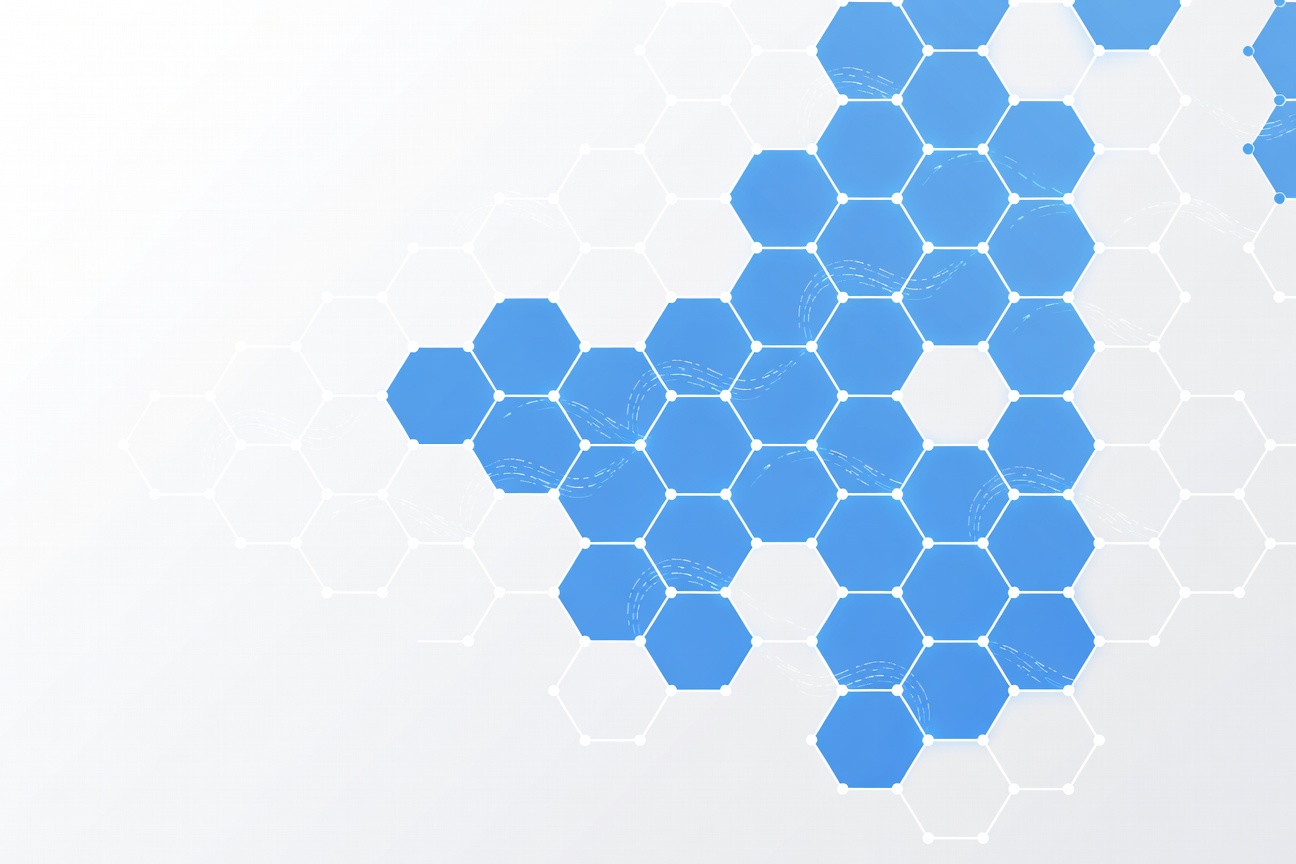 Interconnected hexagonal molecular lattice in blue and white light, symbolizing AI intelligence woven into pharmaceutical research infrastructure