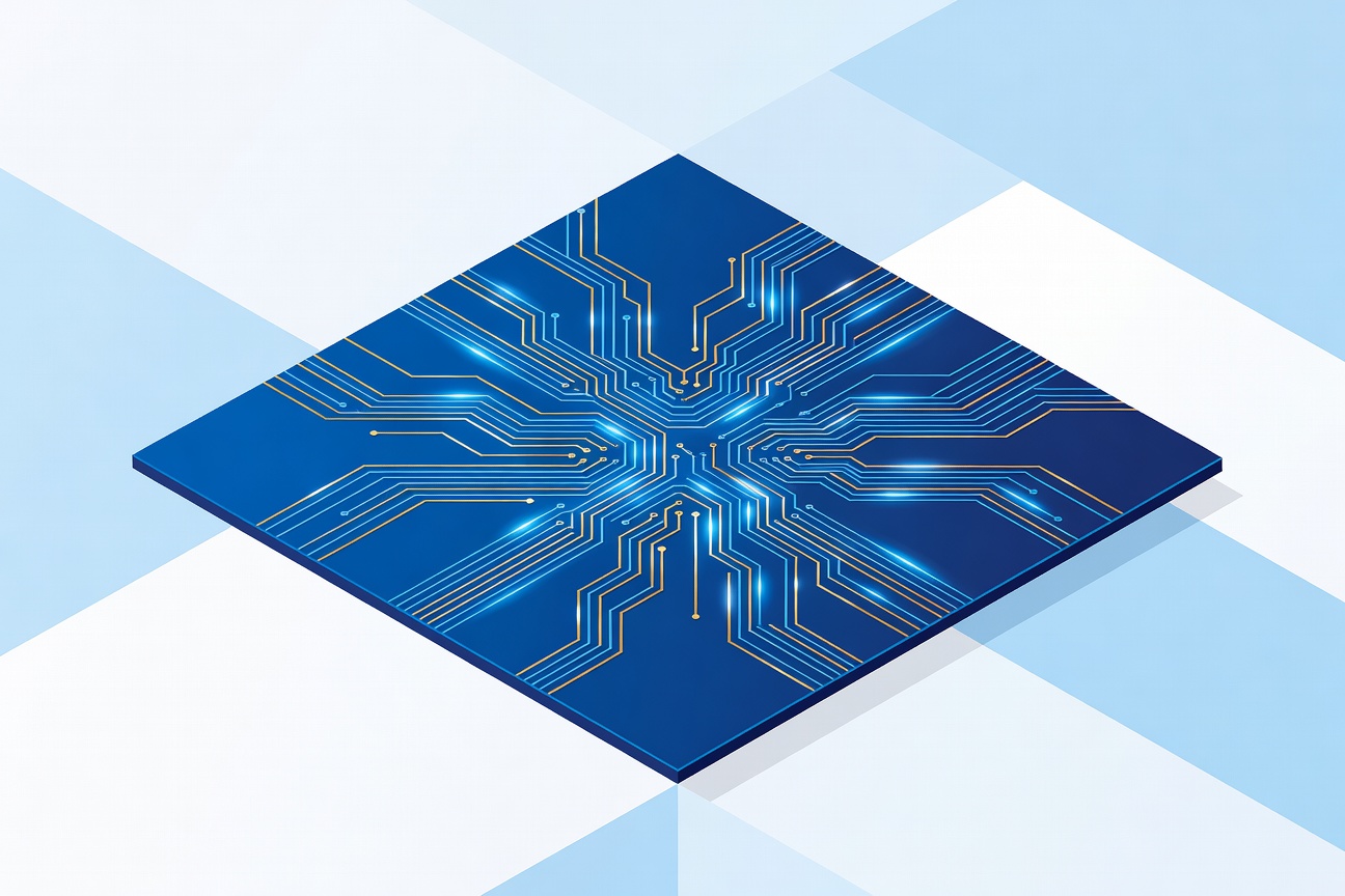 Abstract silicon wafer design viewed from above with glowing circuit pathways forming a complex autonomous network pattern in deep blue and gold