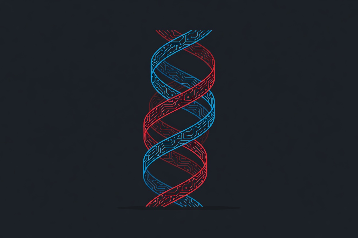 Two intertwined DNA-like spirals made of circuit patterns — one red, one blue — rising upward in parallel, representing co-evolution of two distinct systems