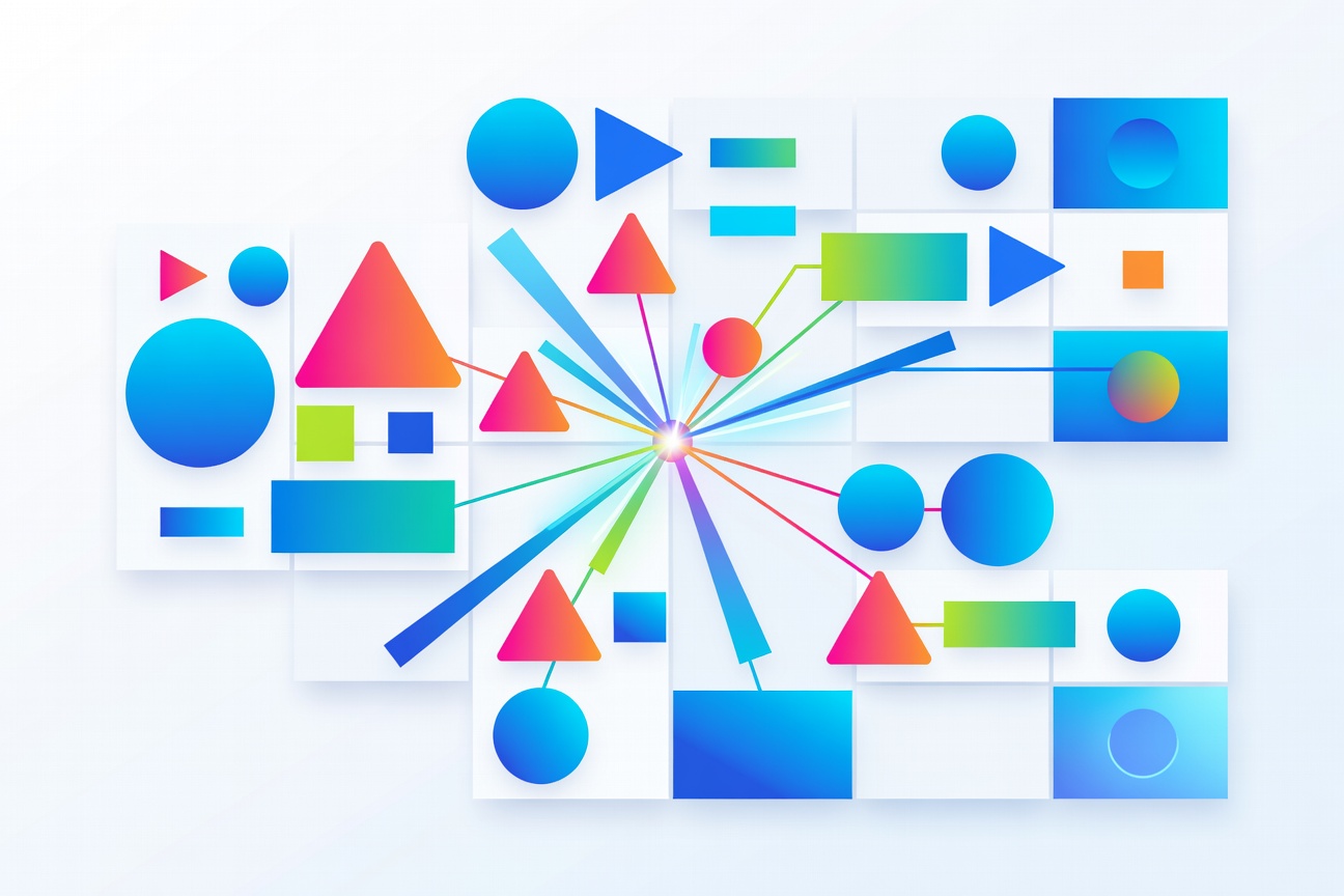 Abstract geometric shapes flowing through a central hub — circles, triangles and rectangles arranging themselves into a multi-panel creative grid