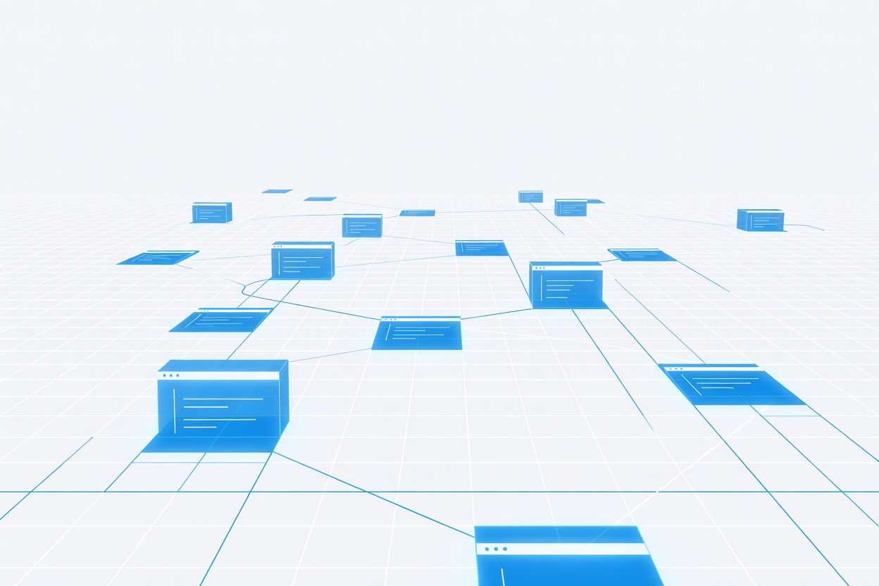 Abstract infinite grid plane extending into the horizon with glowing geometric code blocks and connecting lines floating in 3D space