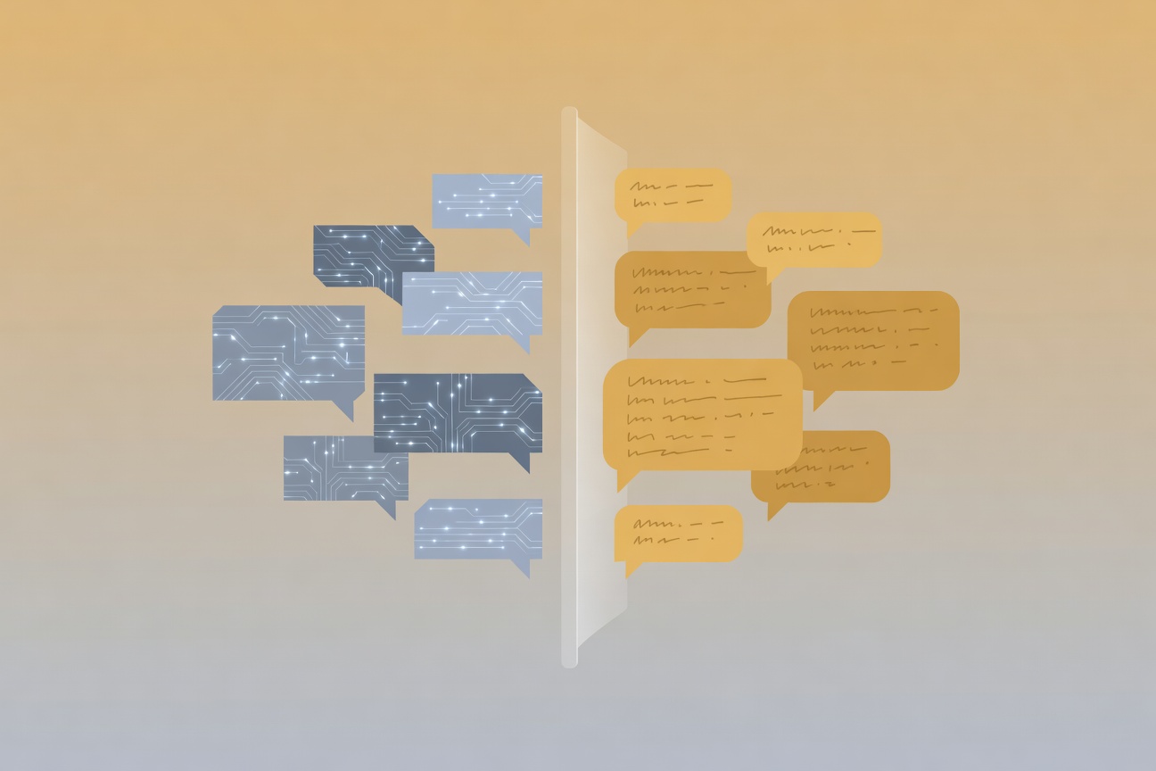 Two chat bubbles side by side — one glowing with circuit patterns, one warm and handwritten — separated by a subtle wall
