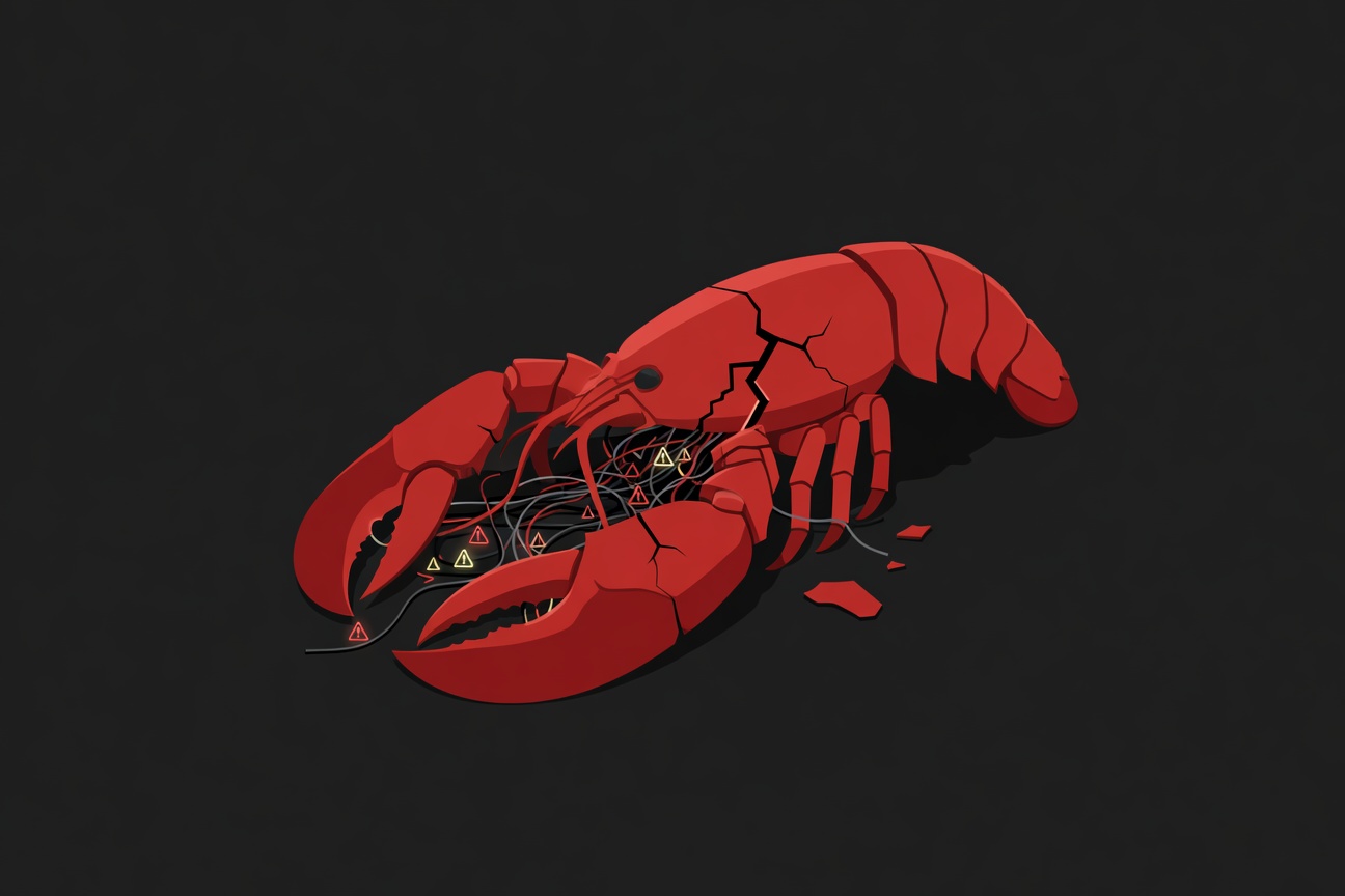 A cracked open lobster shell revealing tangled wires and glowing warning symbols inside