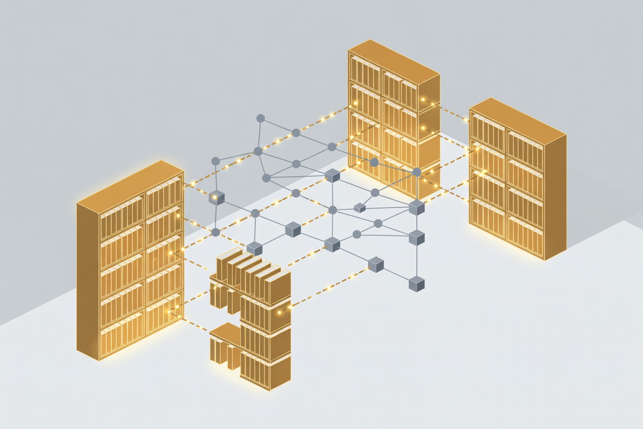 Abstract layered filing system with glowing documents stored in translucent shelves, connecting upward to a cloud interface — representing persistent AI memory across conversations