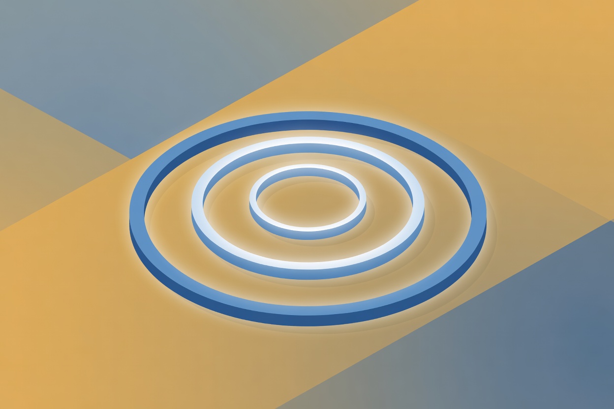 Three concentric glowing rings hovering in a geometric space, each ring labeled with a different level of authorization, rendered in cool blue and white