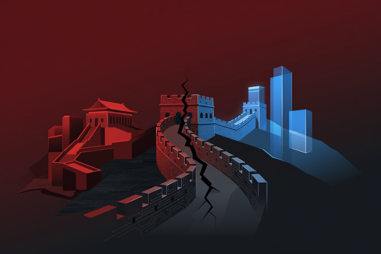 A stylized Great Wall of China with a digital circuit pattern overlay, fractured down the middle — one side dark red government buildings, the other glowing blue corporate towers