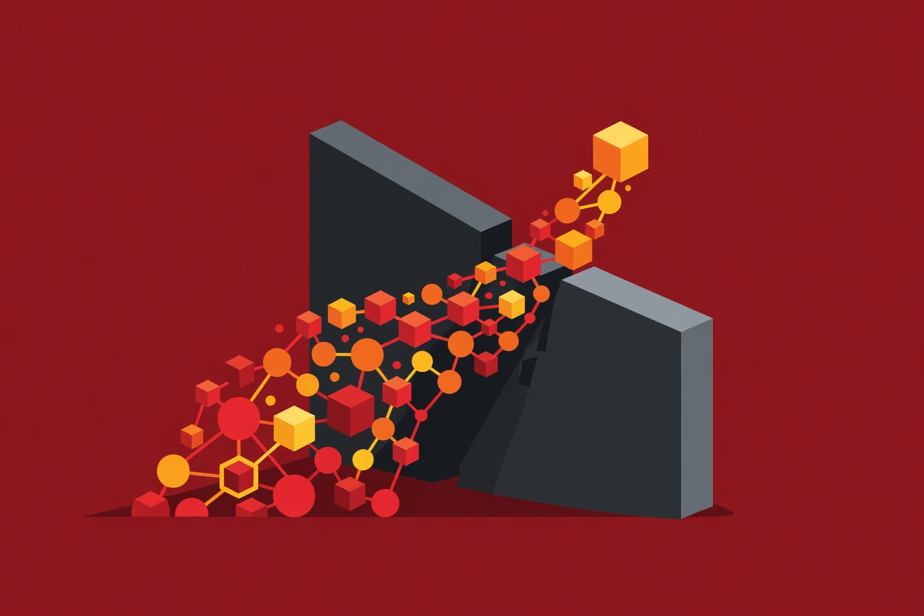 A glowing red lobster made of circuit lines cradled inside a protective transparent dome, with a city skyline visible beyond