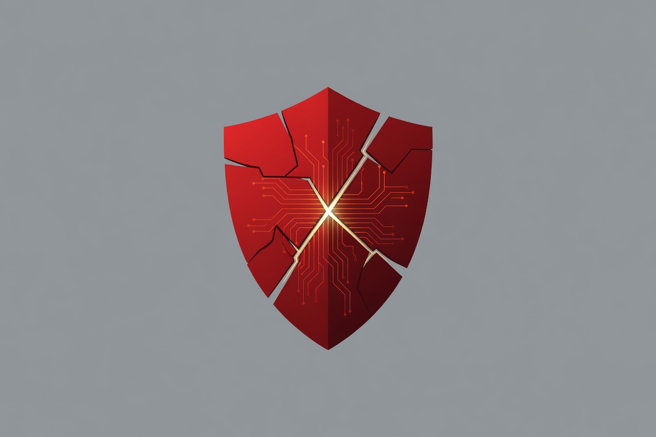 Abstract red shield cracking open to reveal glowing digital circuitry, against a dark governmental-grey backdrop
