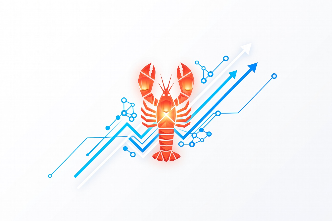 A stylized red lobster claw surrounded by floating Chinese characters and glowing digital particles, symbolizing a cultural AI movement