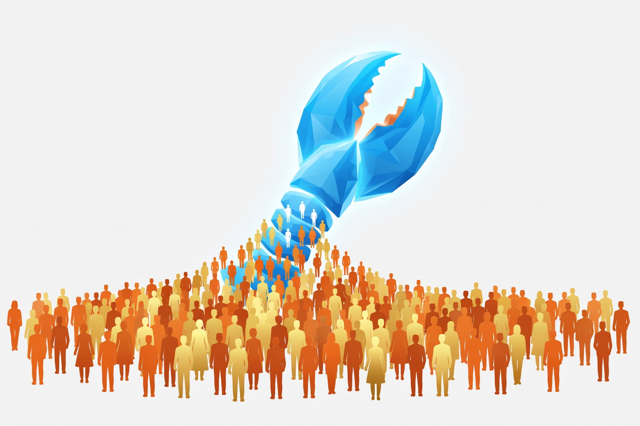A glowing lobster claw symbol rising from a crowd of abstract human silhouettes, representing grassroots AI adoption spreading across a population