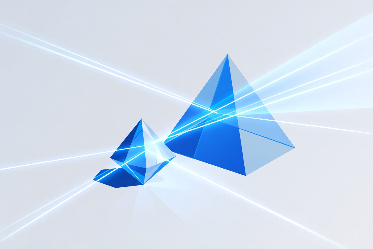 A compact geometric crystal refracting beams of light more precisely than a much larger prism beside it