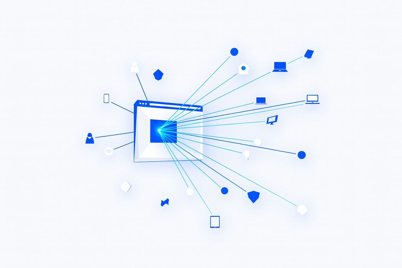 A Chrome browser window with glowing MCP protocol connection lines extending outward to abstract AI agent nodes
