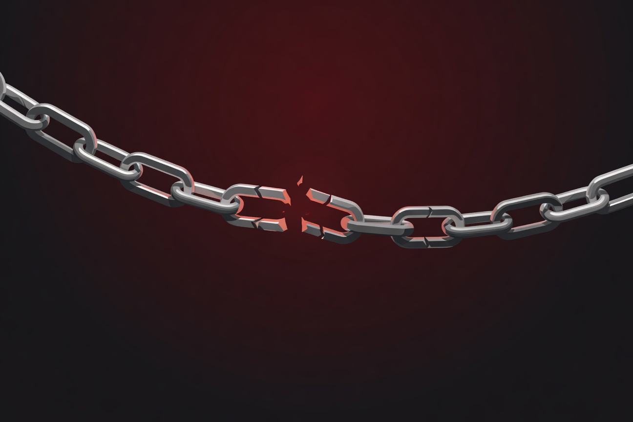A glowing broken chain link made of chrome-like metal against a dark abstract background, symbolizing a security vulnerability chain breaking open