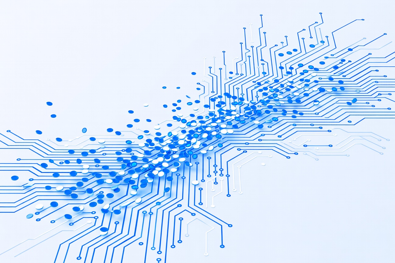 Tiny golden coins flowing like a stream through an intricate glowing circuit network against a deep blue background