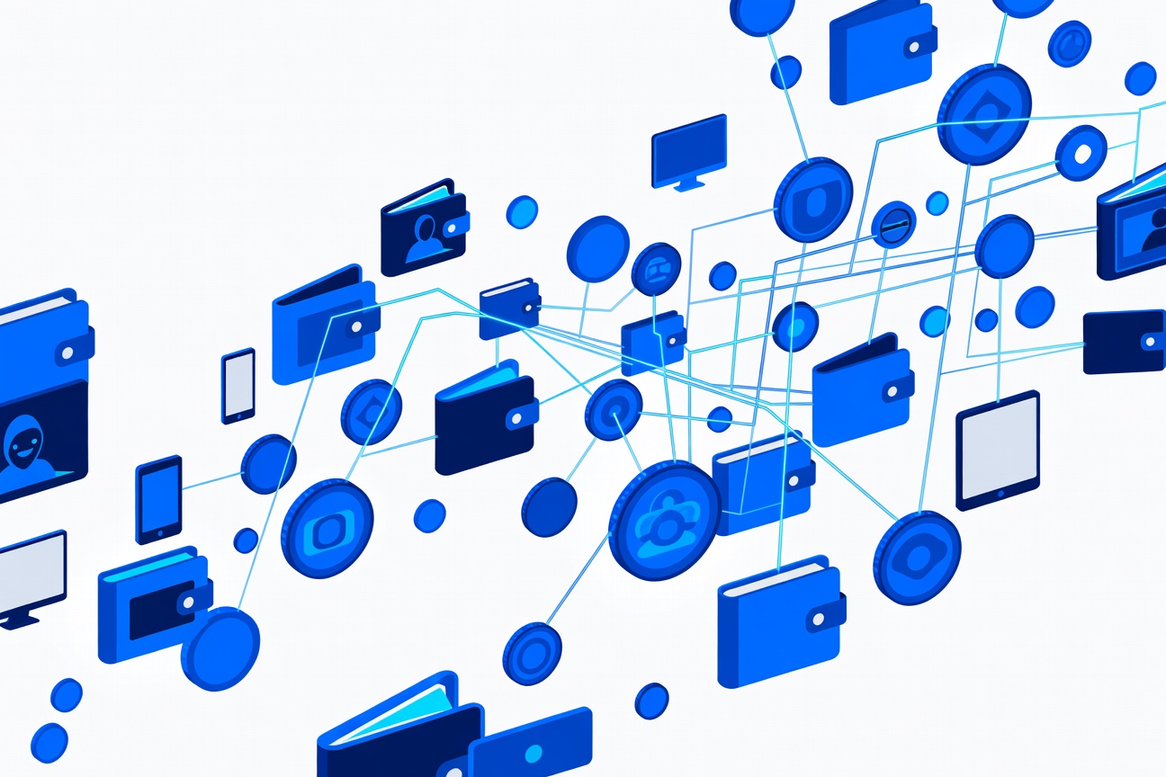 Abstract floating digital coins and wallet icons connected by glowing network lines on a dark background