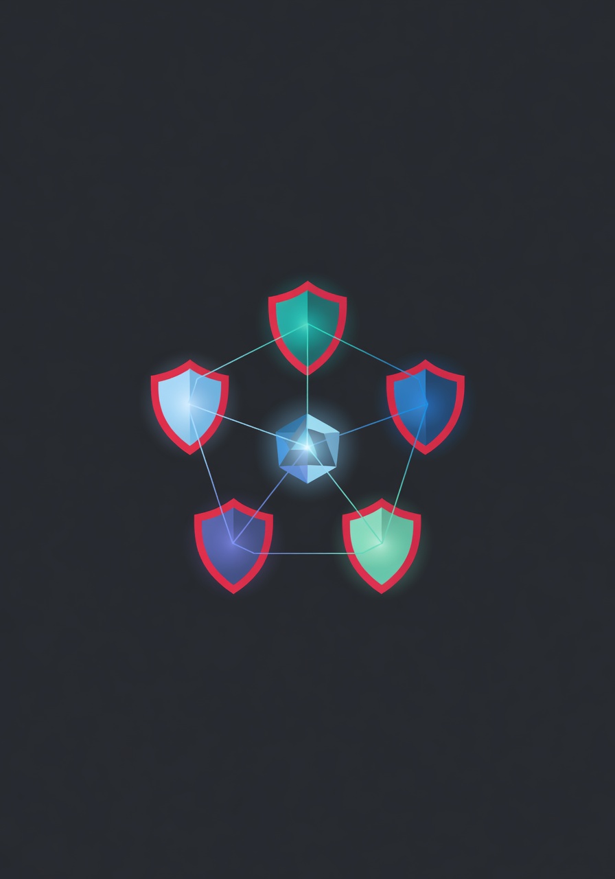 Five interconnected shield icons representing allied nations surrounding a glowing AI agent network diagram