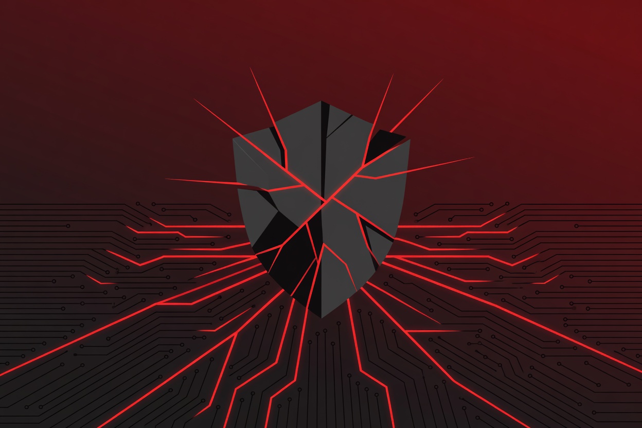 A cracked digital shield with glowing red fault lines representing a security vulnerability in an AI platform